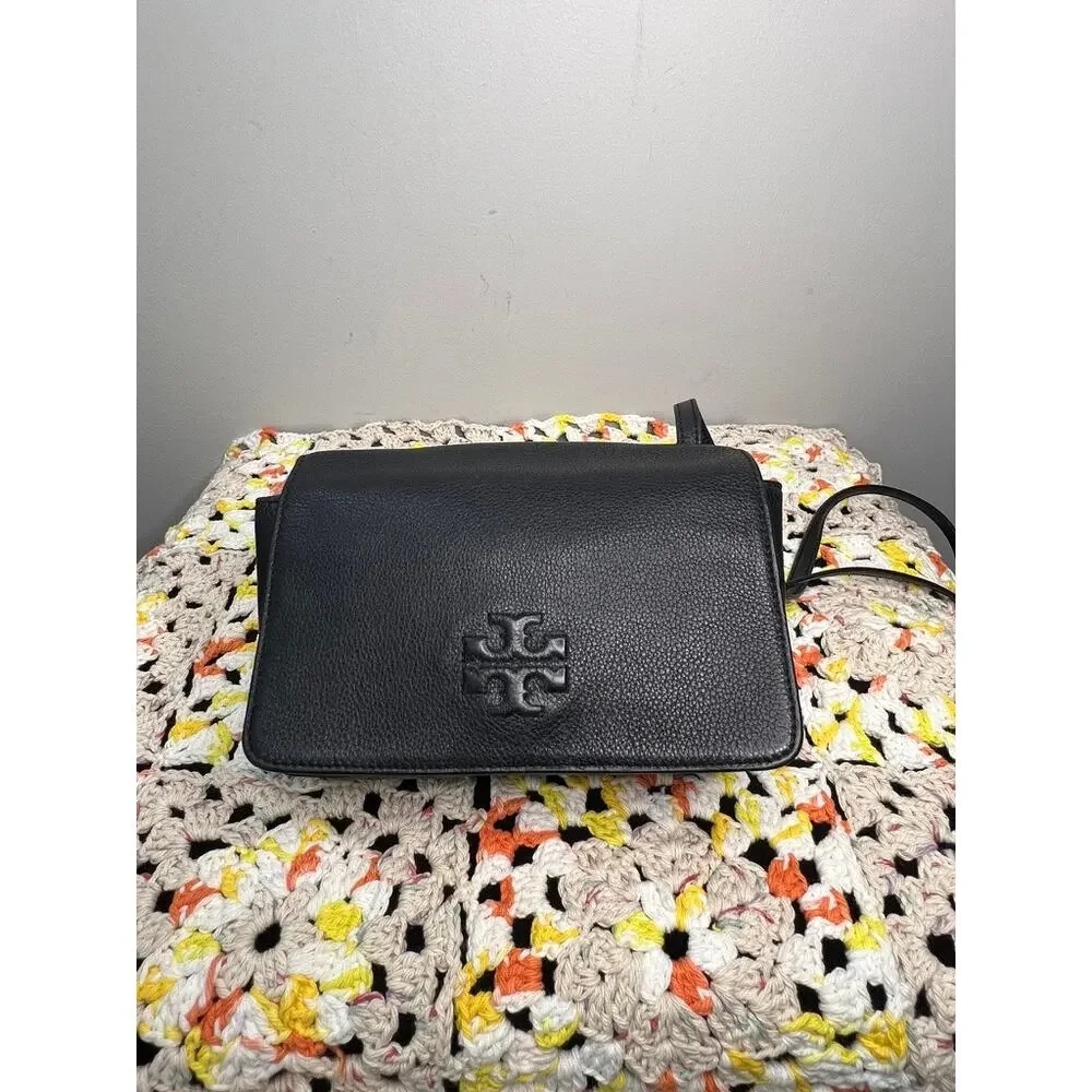 Tory Burch Black Pebbled Leather Flap Crossbody Bag Adjustable Strap